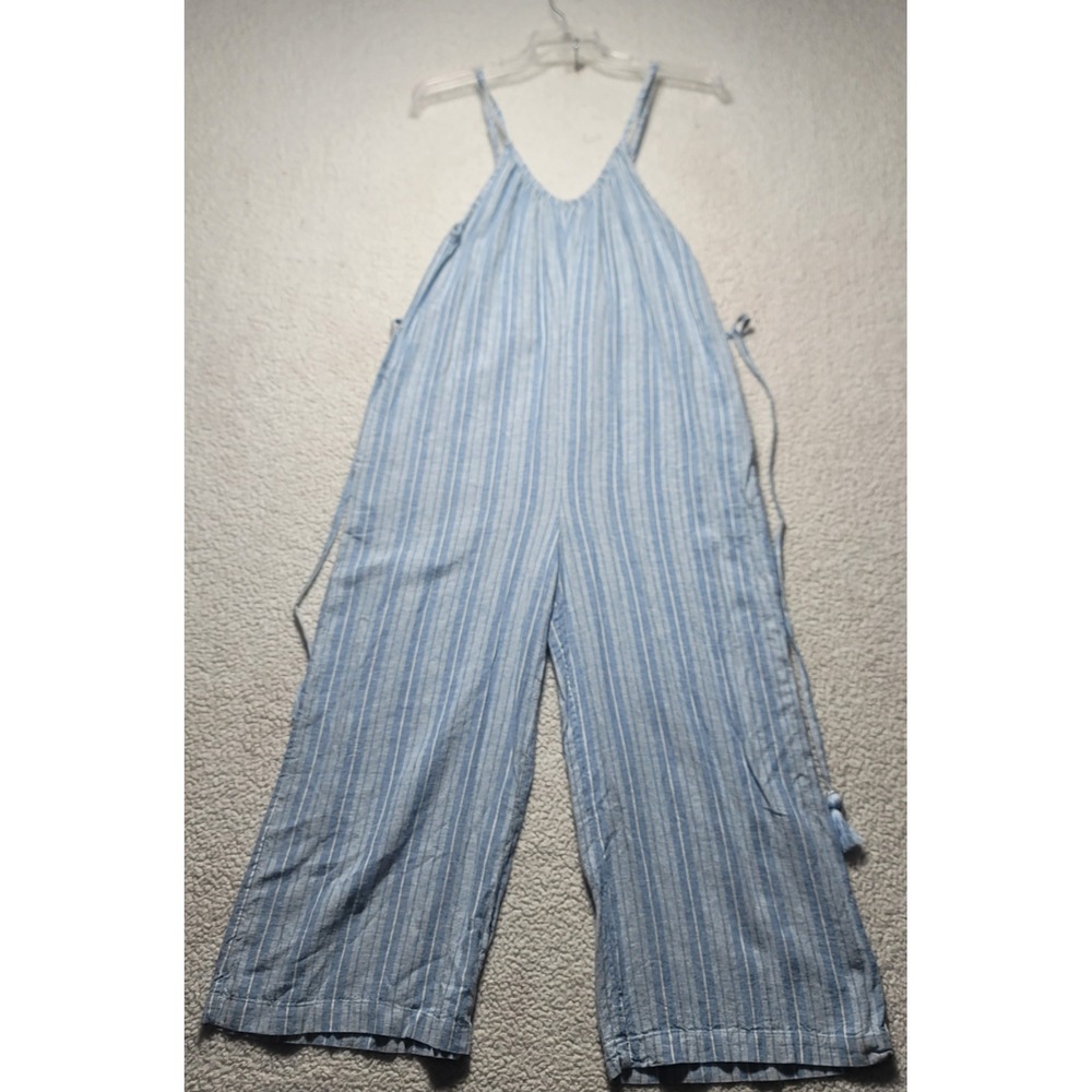 Roxy Riviera Striped Linen Blend Wide Leg Jumpsuit Blue White Large RO80515AQBP5 - Picture 1 of 15